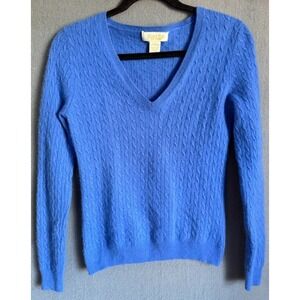 Peck & Peck Sweater Women Small  Blue 100% Cashmere Cable Knit V Neck Pullover